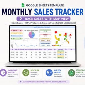 May include: A laptop displaying a Google Sheets template for a monthly sales tracker. The screen shows sales data, a map view, and the text "MONTHLY SALES TRACKER". Additional text includes "Dashboard Included" and "Easy to Use".