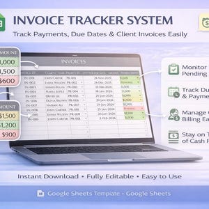 K&ouml;nnte beinhalten: Ein Laptop-Bildschirm zeigt ein Rechnungsverfolgungssystem mit dem Text "INVOICE TRACKER SYSTEM". Das System verfolgt Zahlungen, F&auml;lligkeitstermine und Kundenrechnungen. Zus&auml;tzlicher Text enth&auml;lt "Monitor Paid & Pending Invoices" und "Track Due Dates & Payments."