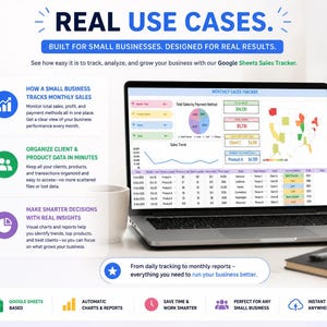 May include: A laptop displaying a Google Sheets sales tracker, with charts and data visualizations. The screen shows monthly sales figures, payment methods, and product performance. Text on the screen reads "Real Use Cases" and "Built for Small Businesses."