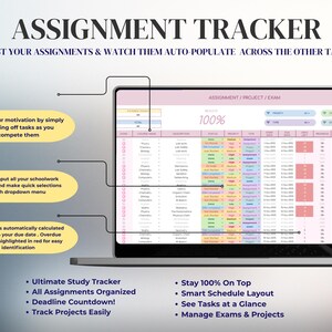 Puede incluir: Una pantalla de port&aacute;til muestra una hoja de c&aacute;lculo de seguimiento de tareas. El t&iacute;tulo "ASSIGNMENT TRACKER" est&aacute; en la parte superior. La hoja de c&aacute;lculo est&aacute; codificada por colores con columnas para el seguimiento de tareas, proyectos y ex&aacute;menes. Incluye una cuenta regresiva y una f&aacute;cil gesti&oacute;n de tareas.