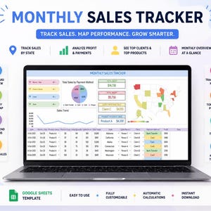 May include: A laptop displaying a "Monthly Sales Tracker" spreadsheet. The screen shows sales data, charts, and a map. The laptop is surrounded by icons for sales analysis, profit tracking, and client data. The text on the screen says "Track Sales. Map Performance. Grow Smarter."
