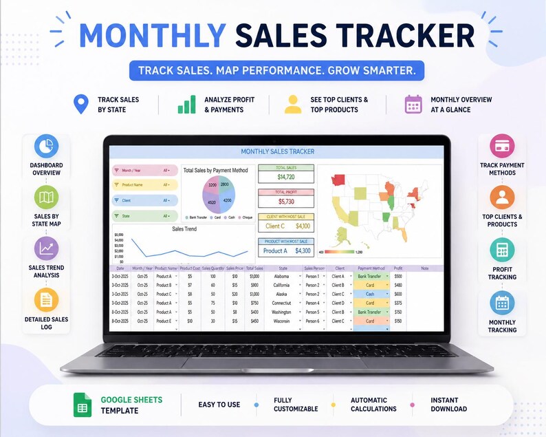 May include: A laptop displaying a "Monthly Sales Tracker" spreadsheet. The screen shows sales data, charts, and a map. The laptop is surrounded by icons for sales analysis, profit tracking, and client data. The text on the screen says "Track Sales. Map Performance. Grow Smarter."