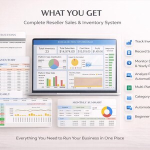 May include: A laptop displaying a reseller sales and inventory dashboard, with charts and data tables. Accompanying documents include instructions, inventory, and daily/yearly summaries. The image also includes icons for tracking inventory, recording sales, and monitoring performance.