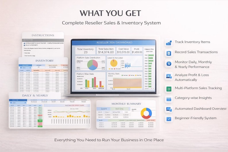 May include: A laptop displaying a reseller sales and inventory dashboard, with charts and data tables. Accompanying documents include instructions, inventory, and daily/yearly summaries. The image also includes icons for tracking inventory, recording sales, and monitoring performance.