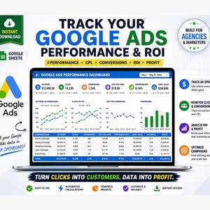 May include: A laptop screen displays a Google Ads performance dashboard with charts and data. The image includes the text "Track Your Google Ads Performance & ROI" and icons for agencies and marketers. The dashboard shows ad spend, clicks, conversions, and cost per conversion.