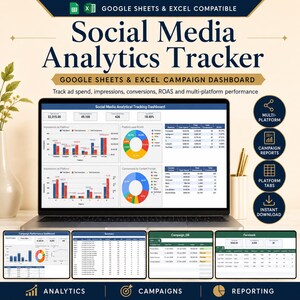 Social Media Analytics Tracker, content planner google sheet template, Campaign Performance, ROAS, Ad Spend and Conversion Report Template