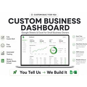 May include: A laptop screen shows a custom business dashboard with financial data and charts. The text on the screen reads "Dashboard" and "Google Sheets & Excel for Small Business Owners." The image includes the text "Custom Built For You" and "You Tell Us -> We Build It."