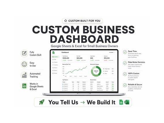 Custom Business Dashboard Spreadsheet | Google Sheets & Excel Tracker | Sales, Profit, Expense, Inventory Tracker Small Business Analytics