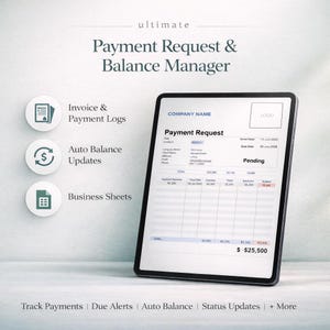 Może przedstawiać: Tablet cyfrowy wyświetla formularz wniosku o płatność z danymi finansowymi. Ekran pokazuje logo firmy, szczegóły faktury i sumę 25 500 $. Ikony rejestrów faktur, automatycznych aktualizacji salda i arkuszy biznesowych znajdują się po lewej stronie.