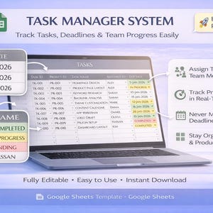 K&ouml;nnte beinhalten: Ein Laptop-Bildschirm zeigt eine Benutzeroberfl&auml;che f&uuml;r ein Aufgabenverwaltungssystem. Der Bildschirm zeigt Aufgabennamen, F&auml;lligkeitstermine und Fortschrittsanzeigen. Das Bild enth&auml;lt den Text "TASK MANAGER SYSTEM" und Funktionen wie das Zuweisen von Aufgaben.