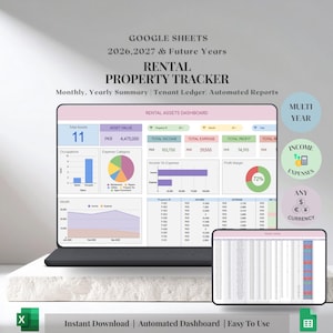 以下が含まれることがあります： ラップトップとタブレットには、賃貸物件トラッカーのダッシュボードが表示されています。画面には、収入、費用、利益率などのグラフと財務データが表示されます。画面のテキストには「Rental Property Tracker」と「Automated Dashboard」が含まれています。画像には「Instant Download | Automated Dashboard | Easy To Use」というテキストも含まれています。