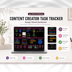 May include: A laptop displays a Google Sheets dashboard for content creators. The screen shows charts and data visualizations with the text "CONTENT CREATOR TASK TRACKER". Additional icons and text highlight features like organizing ideas and tracking deadlines.