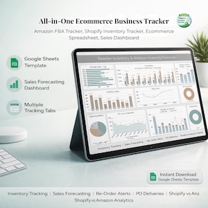 May include: A digital tablet displaying a business dashboard with charts and graphs. The screen shows data related to inventory, sales, and forecasting. Text on the screen includes "Reseller Inventory & Amazon Inventory Dashboard". The image also includes the text "All-in-One Ecommerce Business Tracker".