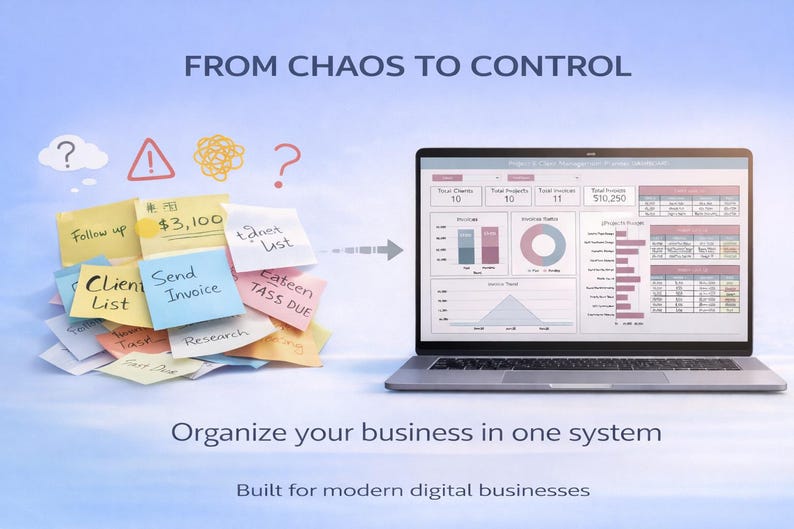 K&ouml;nnte beinhalten: Ein Laptop mit Gesch&auml;ftsdaten, im &Uuml;bergang von einem Stapel Haftnotizen mit handschriftlichen Notizen. Der Text lautet "Vom Chaos zur Kontrolle" und "Organisieren Sie Ihr Unternehmen in einem System."