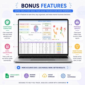 May include: A laptop displaying a sales tracker with charts and data. The screen shows a monthly sales tracker with features like conditional formatting, auto-calculations, and printable reports. Text includes "Bonus Features" and "More Accurate Data."