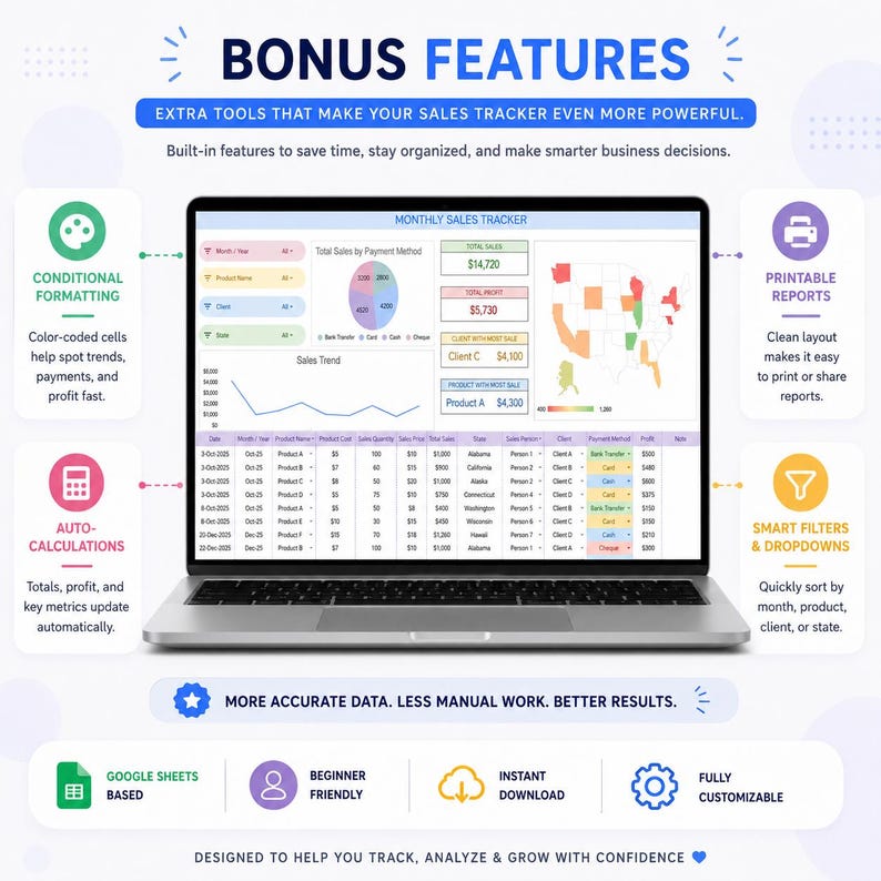 May include: A laptop displaying a sales tracker with charts and data. The screen shows a monthly sales tracker with features like conditional formatting, auto-calculations, and printable reports. Text includes "Bonus Features" and "More Accurate Data."