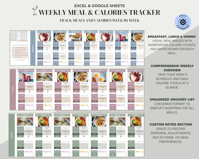 Weekly Meal Planner Google Sheets Excel | Calorie Tracker Spreadsheet ...