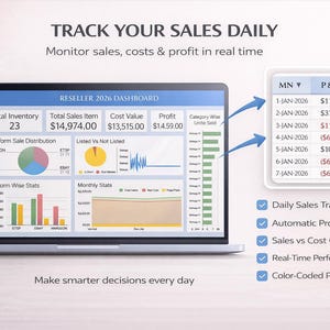 May include: A laptop screen displays a reseller dashboard with sales data, charts, and profit/loss information. The screen shows total inventory, sales, cost value, and profit. Text includes "Track Your Sales Daily" and "Make smarter decisions every day."