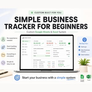 Puede incluir: Una computadora port&aacute;til muestra una interfaz de seguimiento de negocios con datos financieros. La imagen incluye el texto "SIMPLE BUSINESS TRACKER FOR BEGINNERS" e iconos que indican la facilidad de uso. Tambi&eacute;n se ven un cuaderno, un bol&iacute;grafo y una peque&ntilde;a planta.