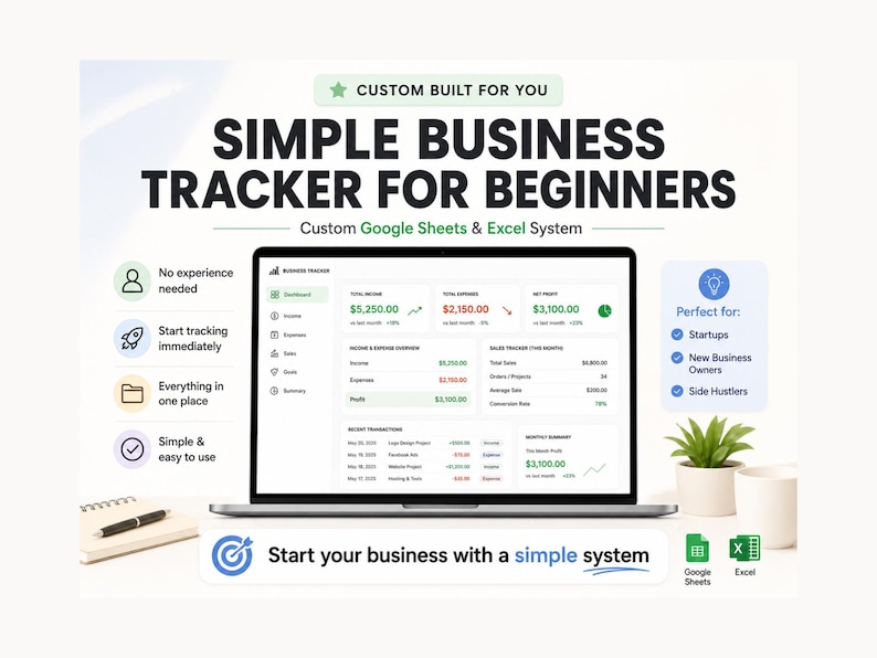 Puede incluir: Una computadora port&aacute;til muestra una interfaz de seguimiento de negocios con datos financieros. La imagen incluye el texto "SIMPLE BUSINESS TRACKER FOR BEGINNERS" e iconos que indican la facilidad de uso. Tambi&eacute;n se ven un cuaderno, un bol&iacute;grafo y una peque&ntilde;a planta.