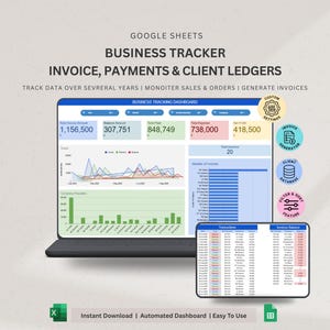 Puede incluir: Un rastreador de negocios digital que se muestra en una tableta, que muestra datos financieros con gráficos y tablas. La pantalla muestra el texto "BUSINESS TRACKER" y "INVOICE, PAYMENTS & CLIENT LEDGERS". El texto adicional incluye "Instant Download | Automated Dashboard | Easy To Use".