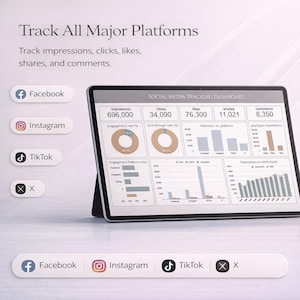Op de afbeelding: Een digitale tablet toont een social media tracking dashboard met datavisualisaties. Het scherm toont statistieken zoals impressies, klikken, likes en shares. De tekst bovenaan luidt "Track All Major Platforms". Pictogrammen voor Facebook, Instagram en TikTok zijn zichtbaar.