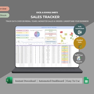 Può includere: Un laptop mostra un foglio di calcolo per il monitoraggio delle vendite. Lo schermo mostra visualizzazioni di dati e tabelle con informazioni finanziarie. Il testo include "Sales Tracker" e "Dashboard automatizzato".