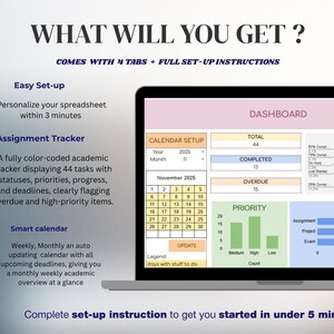 Puede incluir: Una pantalla de port&aacute;til muestra un panel de hoja de c&aacute;lculo con el texto "WHAT WILL YOU GET?" y "DASHBOARD". La pantalla muestra una configuraci&oacute;n de calendario, un rastreador de tareas y un calendario inteligente. El texto incluye "Assignment Tracker".