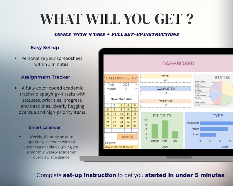 Puede incluir: Una pantalla de port&aacute;til muestra un panel de hoja de c&aacute;lculo con el texto "WHAT WILL YOU GET?" y "DASHBOARD". La pantalla muestra una configuraci&oacute;n de calendario, un rastreador de tareas y un calendario inteligente. El texto incluye "Assignment Tracker".