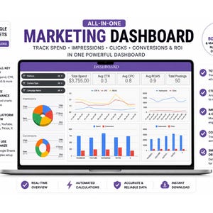 May include: A laptop screen displays a marketing dashboard with charts and graphs. The dashboard tracks spend, impressions, clicks, conversions, and ROI. Text includes "All-in-One Marketing Dashboard" and "Instant Download."