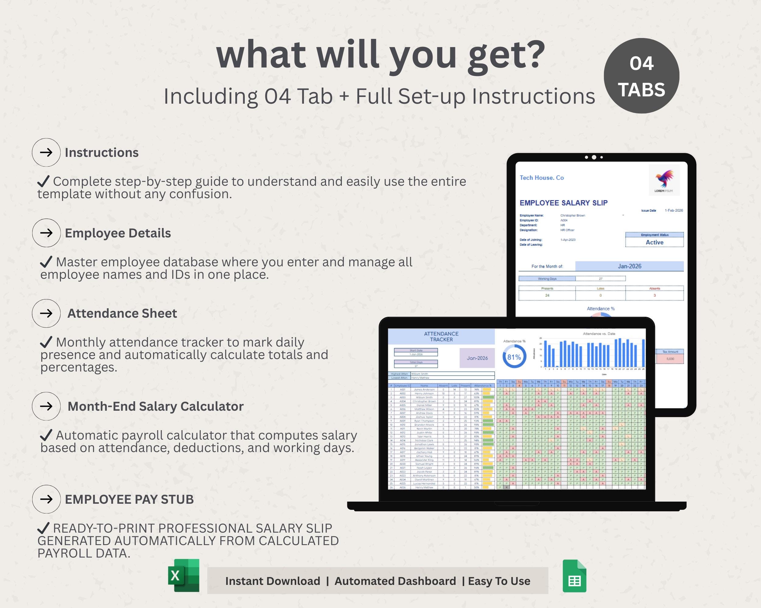 Employee Payroll & Attendance Tracker | Google Sheets HR Template ...