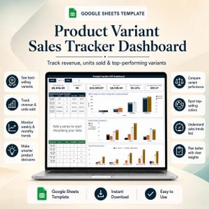 Sales Dashboard Google Sheets Template | Shopify KPI Tracker, Small Business Bookkeeping, Revenue & Profit, Product Variant Analytics