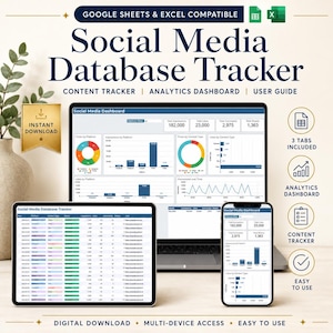 Könnte beinhalten: Ein Social-Media-Datenbank-Tracker, dargestellt auf einem Laptop, Tablet und Smartphone. Die Bildschirme zeigen Analyse-Dashboards mit Diagrammen, Grafiken und Datentabellen. Der Text umfasst Social Media Database Tracker, Content Tracker, Analytics Dashboard, User Guide und Instant Download.