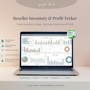 May include: A laptop displays a reseller inventory and profit tracker dashboard. The screen shows charts and graphs for inventory, sales, and profit analysis. Text on the screen includes "Shopify and Amazon Inventory Management Dashboard". The laptop is on a white surface.