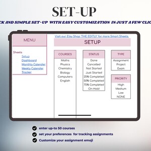 Puede incluir: Una pantalla de tableta digital muestra una interfaz de configuraci&oacute;n para hojas inteligentes. La pantalla muestra opciones para cursos, estado, tipo y prioridad. El texto incluye "SET-UP", "MENU" y "SETUP".