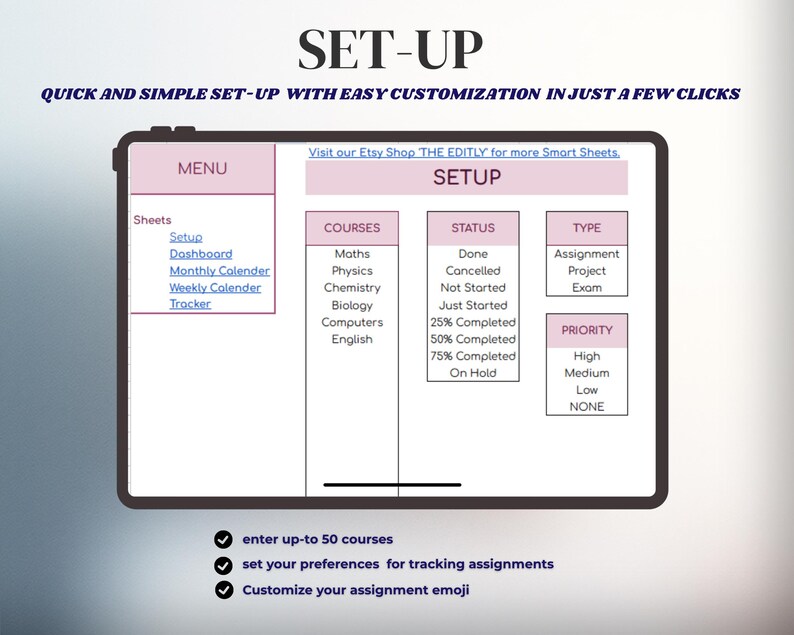Puede incluir: Una pantalla de tableta digital muestra una interfaz de configuraci&oacute;n para hojas inteligentes. La pantalla muestra opciones para cursos, estado, tipo y prioridad. El texto incluye "SET-UP", "MENU" y "SETUP".