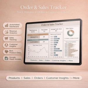 May include: A digital tablet displaying an "Order & Sales Tracker" dashboard. The screen shows revenue, orders, and customer insights, with charts and data visualizations. The interface includes sections for products, sales, and customer data.
