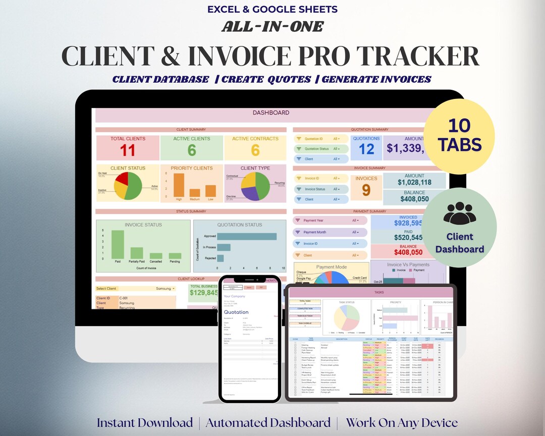 Invoice & Client Tracker Spreadsheet for Small Business CRM Google ...