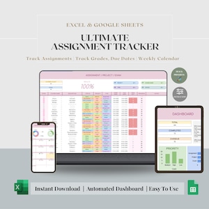 Planificador de estudiantes, seguimiento de tareas, planificador de estudios académicos, hoja de cálculo, planificador de cursos universitarios, planificador escolar, plantilla de Google Sheets para clases. imagen 1