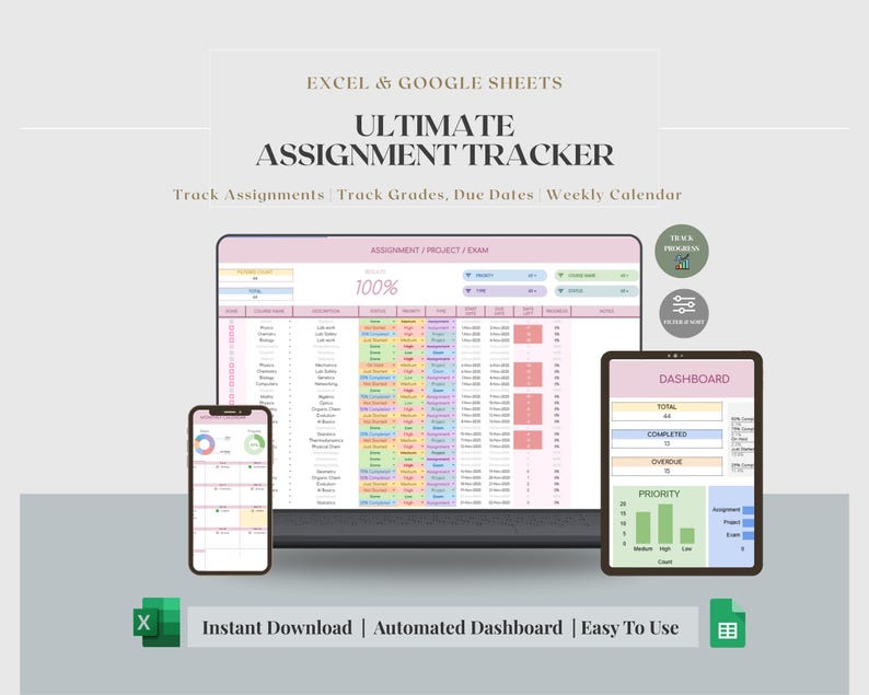 Planificador de estudiantes, seguimiento de tareas, planificador de estudios académicos, hoja de cálculo, planificador de cursos universitarios, planificador escolar, plantilla de Google Sheets para clases. imagen 1