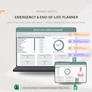 May include: A digital planner interface on a laptop and tablet, displaying an 'End of Life Planner Dashboard'. The screen shows sections for personal information, finances, and insurance. Text includes 'Emergency & End-of-Life Planner' and 'Instant Download'.