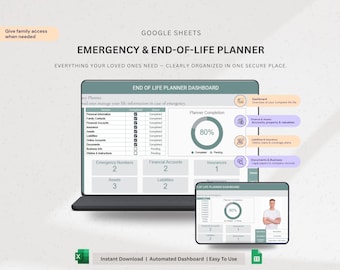 End of Life Planner, Emergency Binder, Just In Case Planner, Funeral Planner, Estate Organizer, Death & Probate Planner PDF Google sheets