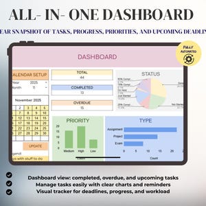Puede incluir: Interfaz de panel digital que muestra datos de gesti&oacute;n de tareas. La pantalla muestra un calendario, gr&aacute;ficos y diagramas para el seguimiento del progreso, las prioridades y los plazos. El texto incluye "ALL-IN-ONE DASHBOARD" y "Vista del panel: tareas completadas, vencidas y pr&oacute;ximas."