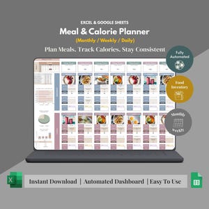Puede incluir: Un planificador digital de comidas y calorías que se muestra en la pantalla de una computadora portátil. El planificador, diseñado para Excel y Google Sheets, presenta un diseño mensual, semanal y diario. El texto en la pantalla dice: "Planifica comidas. Controla las calorías. Mantente constante."