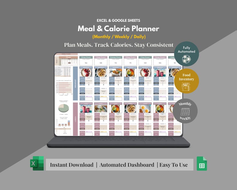 Weekly Meal Planner Google Sheets Excel | Calorie Tracker Spreadsheet ...