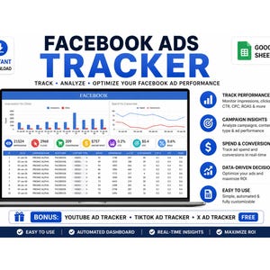 Puede incluir: Una pantalla de portátil muestra un Facebook Ads Tracker con visualizaciones de datos y métricas. La imagen incluye el texto "Facebook Ads Tracker" y detalles sobre el seguimiento del rendimiento, la información de la campaña y las conversiones. Incluye rastreadores de bonificación.