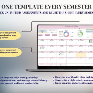 Puede incluir: Una pantalla de port&aacute;til muestra una plantilla de calendario mensual digital. El texto "ONE TEMPLATE EVERY SEMESTER" y "TRACK UNLIMITED ASSIGNMENTS AND REUSE THE SHEET EVERY SEMESTER" est&aacute;n en la parte superior. La plantilla incluye seguimiento del progreso y gesti&oacute;n de tareas.