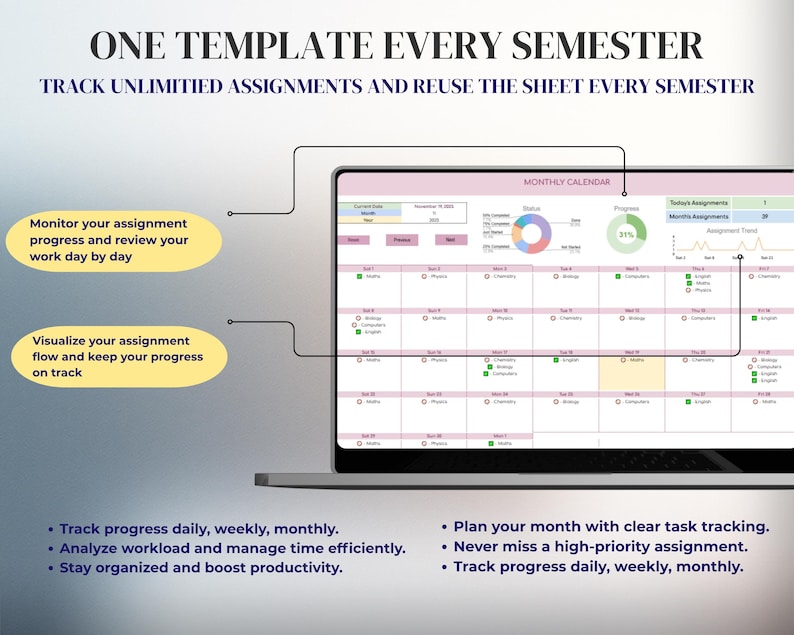 Puede incluir: Una pantalla de port&aacute;til muestra una plantilla de calendario mensual digital. El texto "ONE TEMPLATE EVERY SEMESTER" y "TRACK UNLIMITED ASSIGNMENTS AND REUSE THE SHEET EVERY SEMESTER" est&aacute;n en la parte superior. La plantilla incluye seguimiento del progreso y gesti&oacute;n de tareas.