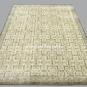 8x10 quick ship , Hand knotted rug in New Zealand wool, ivory beige grey tones, geometric floral medallion design, distressed rug.