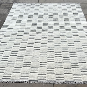 Quick Ship 8 x 10 ivoorwollen vloerkleed, handgeknoopt neutraal tapijt met geometrische rand, modern minimalistisch vloerkleed voor slaapkamer of woonkamer